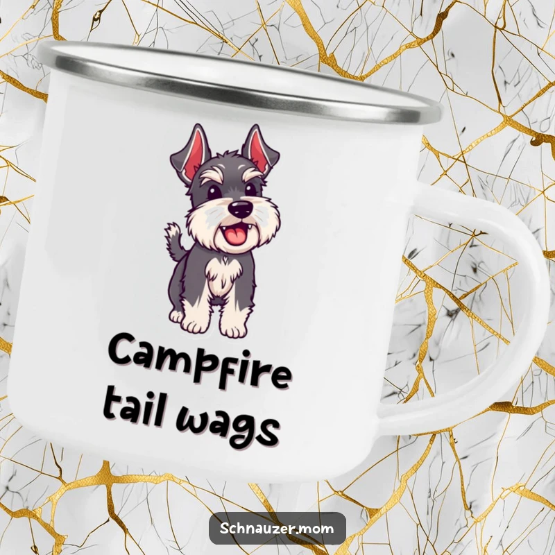Funny Schnauzer dog wagging its bristly tail, enjoying the outdoors from a camping mug.