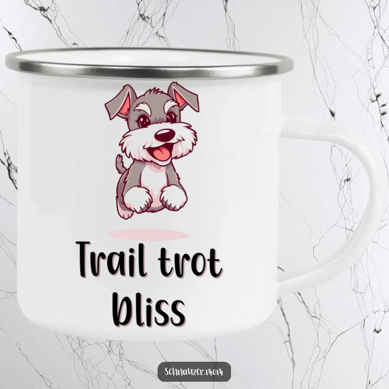Funny Schnauzer lady camping mug showing a dog confidently trotting with a happy expression, ready for outdoor fun and cheerful moments.