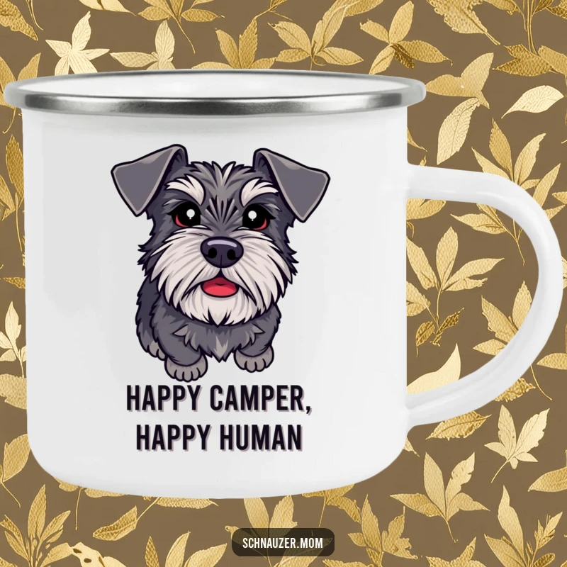 Funny Schnauzer camping mug with adoring eyes, looking up eagerly to please, perfect for outdoor beverages and dog appreciation.