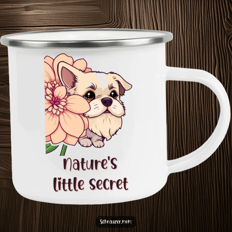 Funny dog with a stylish beard peeking from behind a large flower. Durable camping mug.