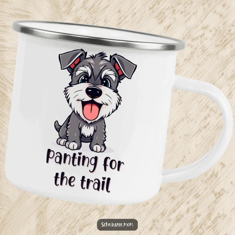 Funny Schnauzer camping mug featuring a happy dog panting joyfully with its tongue lolling out, perfect for outdoor fun.