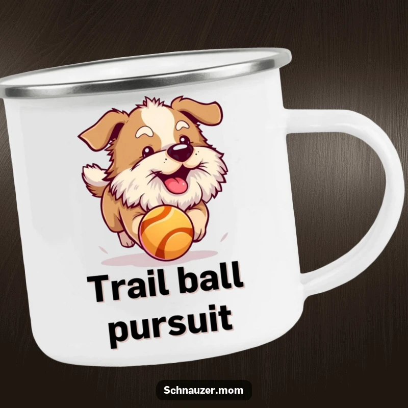 Funny dog with a fluffy beard energetically chasing a bouncing ball. Durable camping mug.