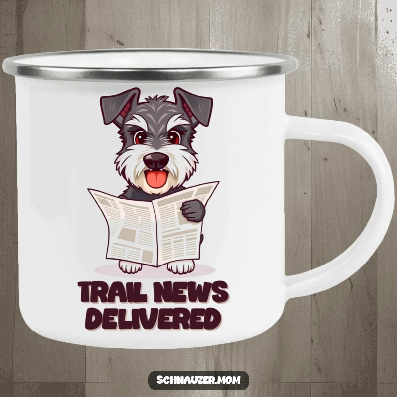 Funny Schnauzer dog fetching a small newspaper, enjoying the outdoors from a durable camping mug.