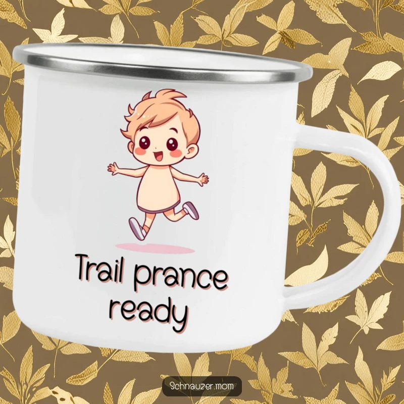 Funny Camping Mug: Durable enamel mug with a character prancing confidently, perfect for outdoor trips and cheerful sips, a great funny gift.