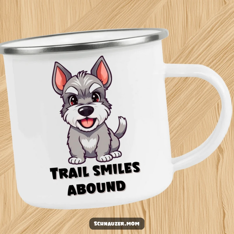 Funny Schnauzer camping mug featuring a happy dog with a wagging tail and a wide grin, durable and charming.