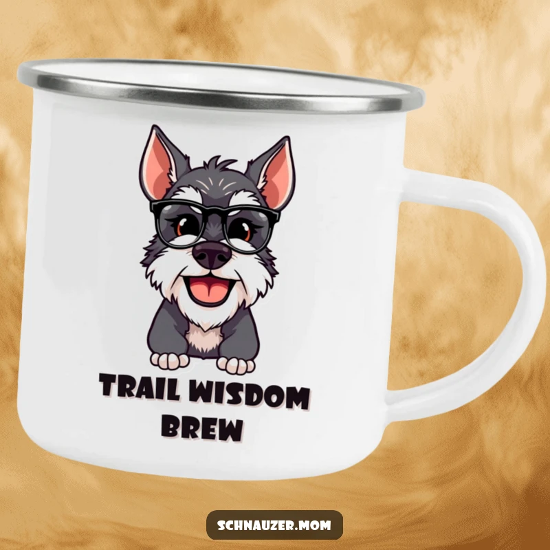Funny Schnauzer dog adjusting spectacles, sipping from a camping mug in an outdoor setting.