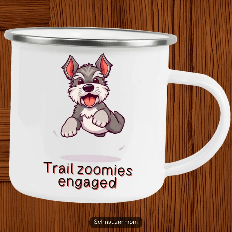 Funny Kawaii Schnauzer camping mug, a dog doing a bouncy, energetic leap with happy barks, perfect for outdoor enthusiasts.