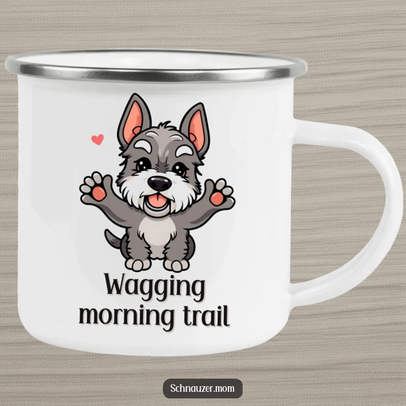 Funny Kawaii Schnauzer camping mug showing a dog with a joyful, wagging tail, ready for outdoor adventures and warm drinks.
