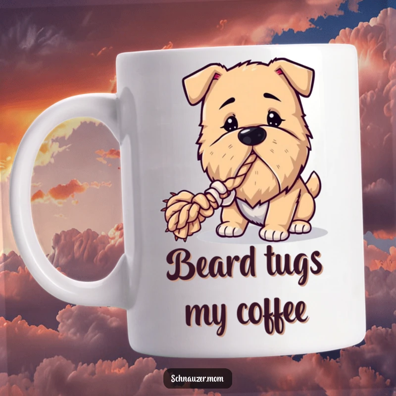 Funny Bearded Dog Mug: A dog with a notable beard tugs playfully on a rope toy, showcasing its energetic and fun-loving spirit.