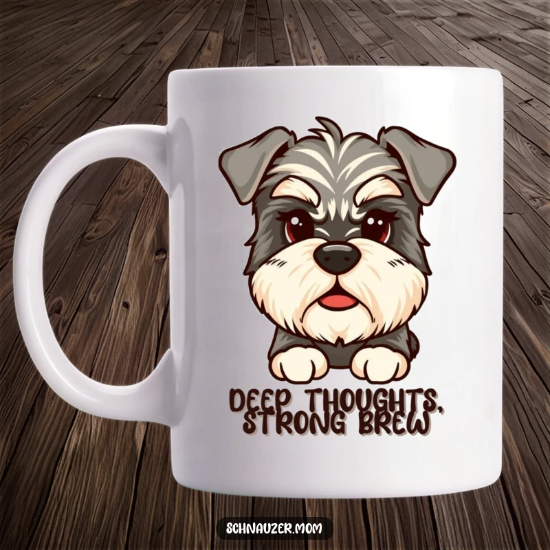 Funny Thoughtful Schnauzer mug, a scruffy Schnauzer with prominent bushy eyebrows gazing with a pensive and humorous expression.