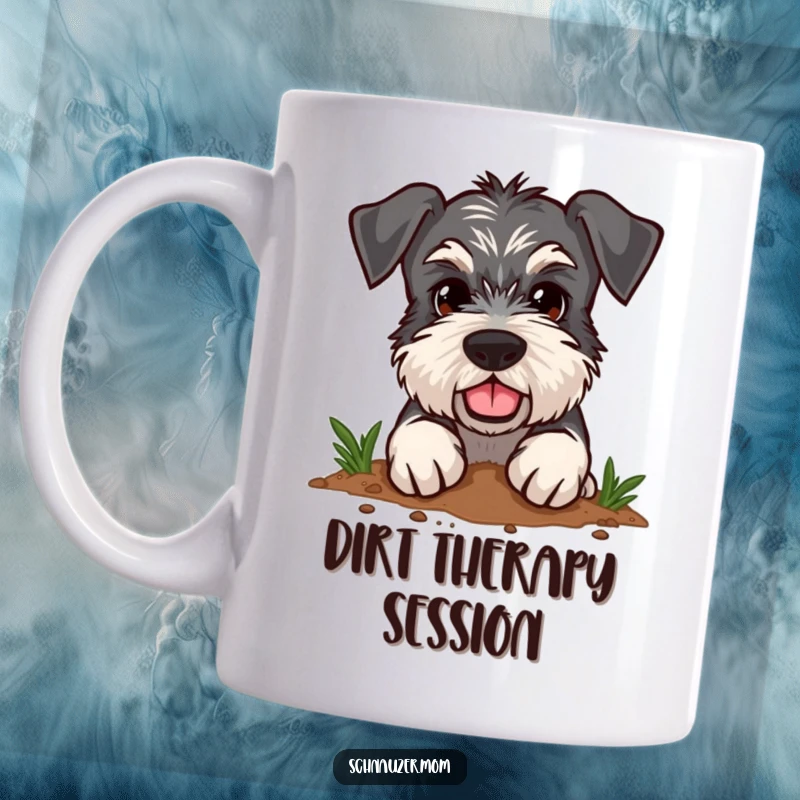 Funny Schnauzer mug showing a dog with a determined expression, enthusiastically digging in the dirt with focus.