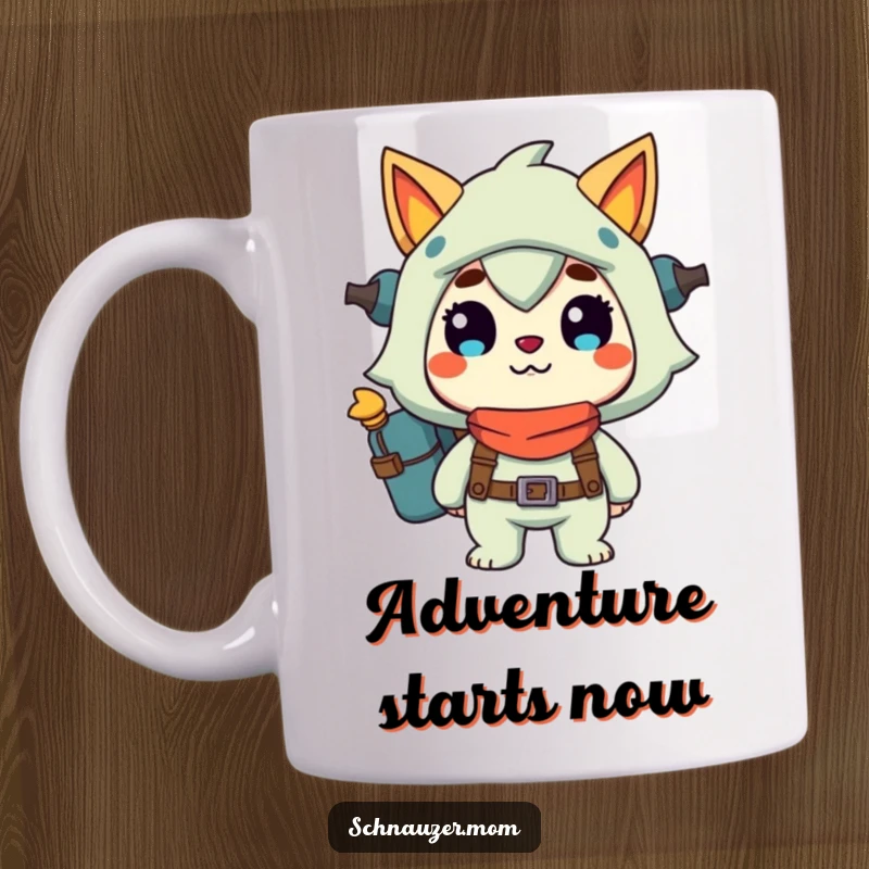 Funny Mug: Character looking ready for adventure with a happy grin, radiating excitement and wanderlust, a perfect funny gift for explorers.