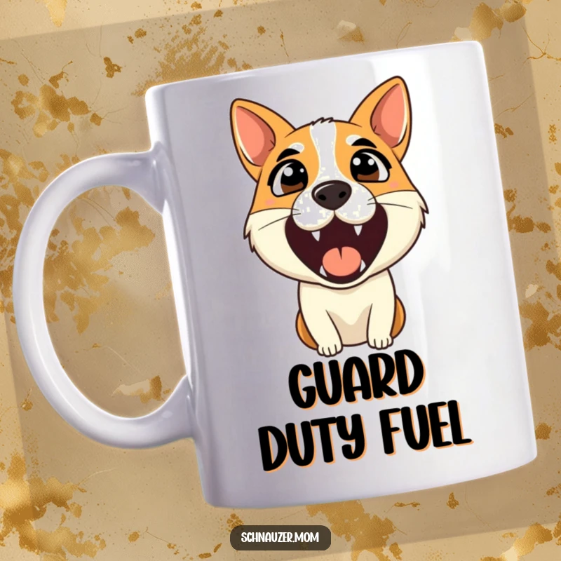 Funny mug showing a dog barking alertly with ears pricked, conveying a sharp, watchful expression.
