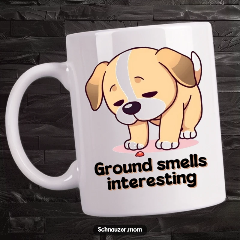 Funny Curious Dog Mug: A dog lowers its head, intensely sniffing the ground with a look of deep concentration and curiosity.