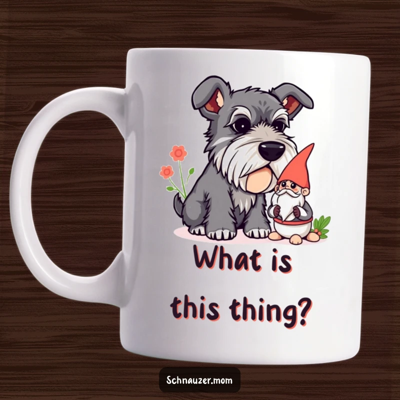 Funny Schnauzer mug showing a curious dog sniffing a garden gnome, capturing a moment of whimsical canine investigation.