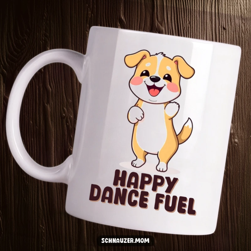 Funny mug showing a dog performing a happy dance with wiggling hindquarters, radiating pure joy.