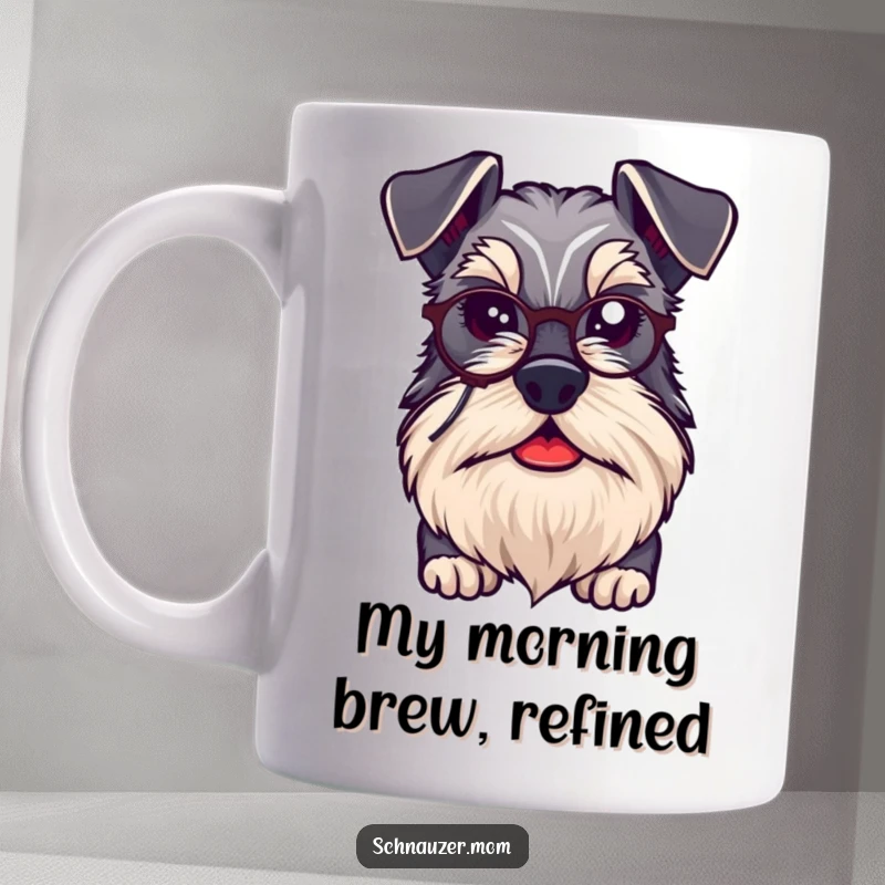 Funny kawaii Schnauzer dog with a distinguished beard and a tiny monocle, looking dapper and intelligent.