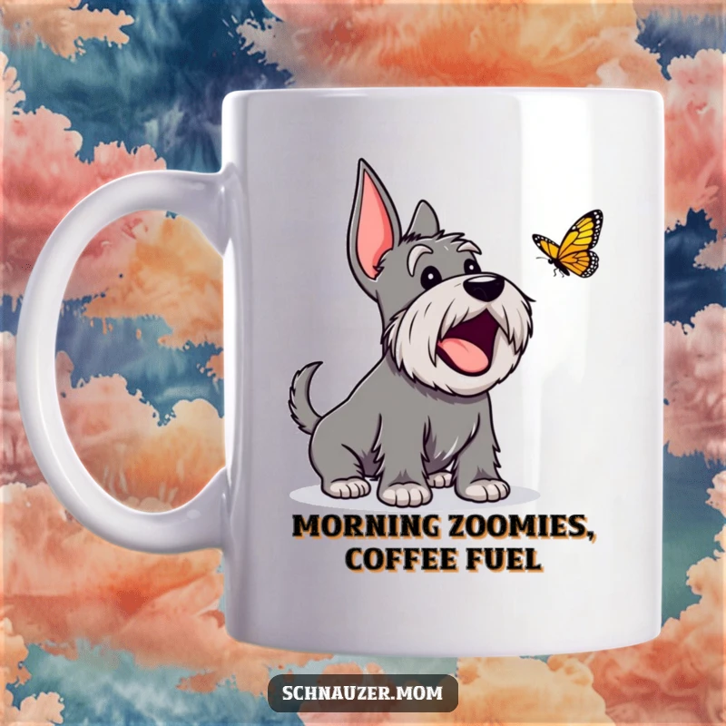 Funny Schnauzer mug featuring an excited dog character happily barking at a fleeting butterfly, capturing a moment of pure delight.