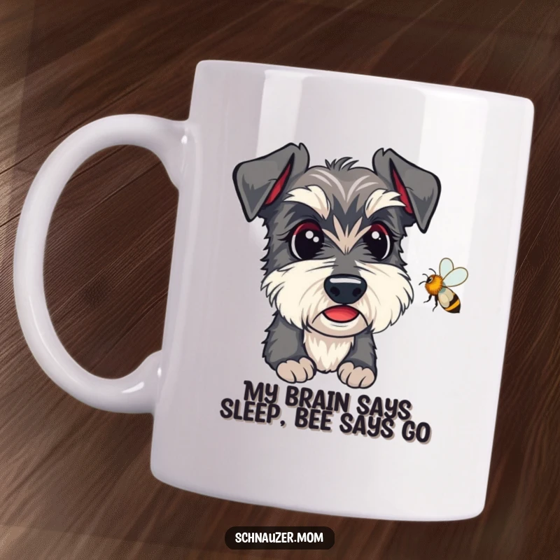 Funny Kawaii Schnauzer Mug, with alert eyes, intently watching a passing bee, perfect for dog lovers gift.