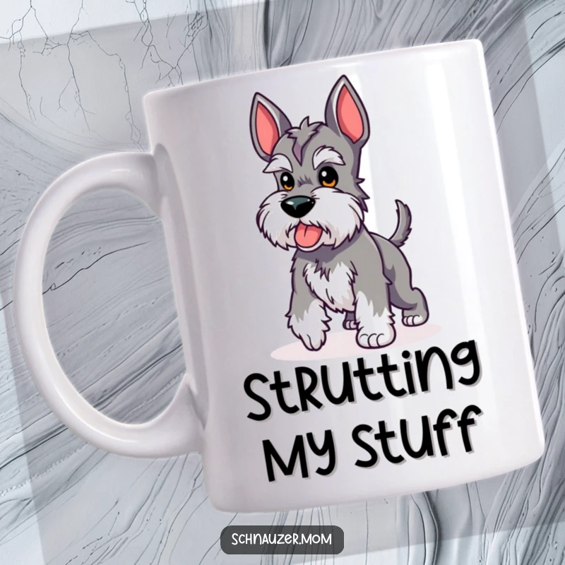 Funny Kawaii Schnauzer mug showing a cute dog performing a proud strut with its stubby tail up, radiating confidence and charm.