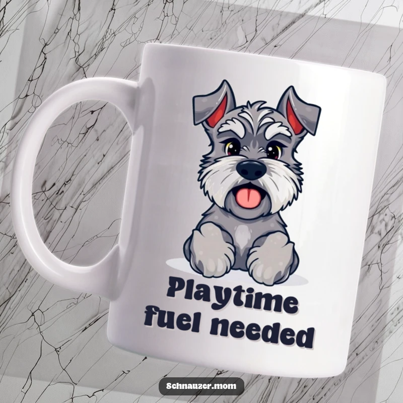 Funny Kawaii Schnauzer mug showing a dog with paws forward, inviting a game, symbolizing playfulness and friendly interaction.