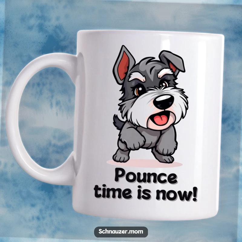 Funny Schnauzer mug showing an energetic dog in a sudden, playful pounce, capturing a moment of pure canine joy.