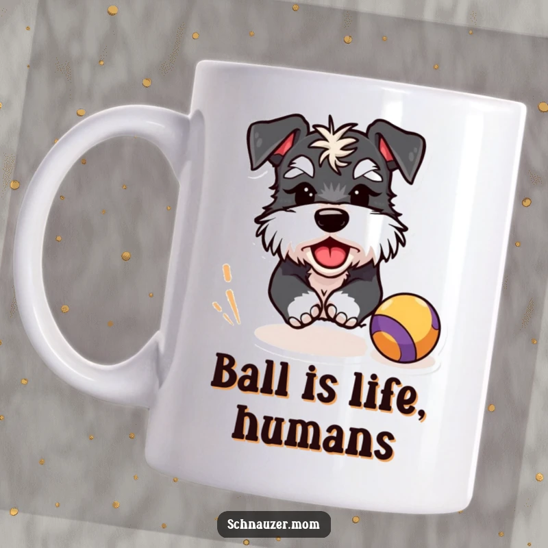 Funny Schnauzer mug depicting a mischievous Schnauzer winking playfully while enthusiastically chasing a bouncing ball, capturing pure joy and energy.