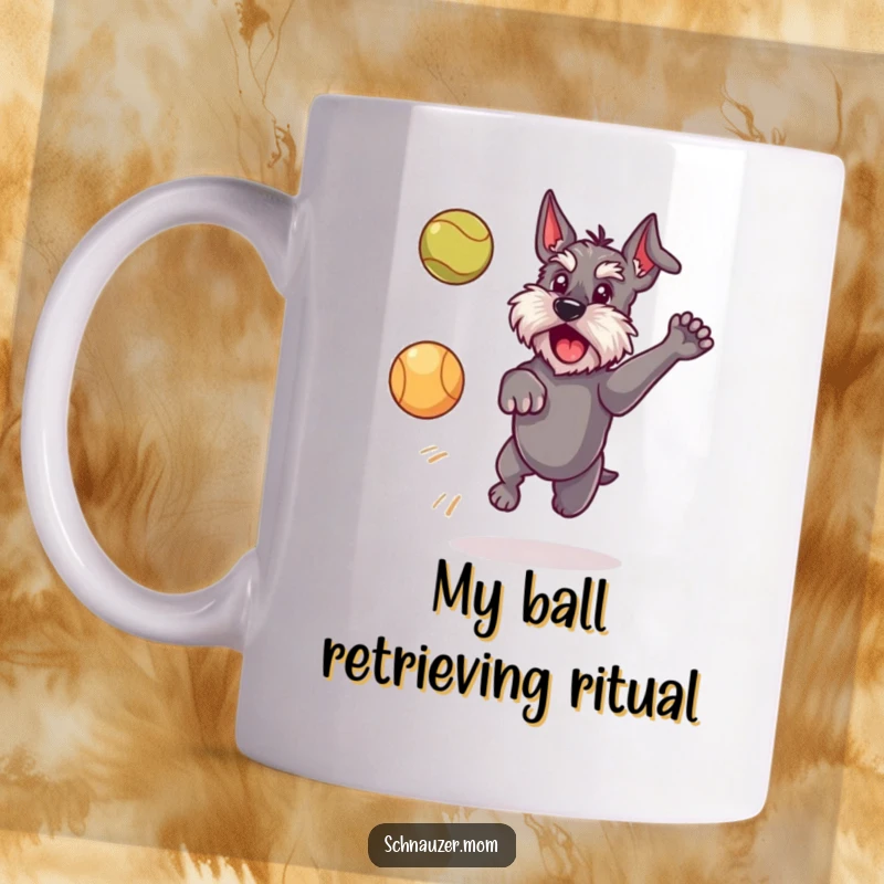 Funny Schnauzer dog mug, energetically leaping to catch a bright red ball with a huge smile and wagging tail.