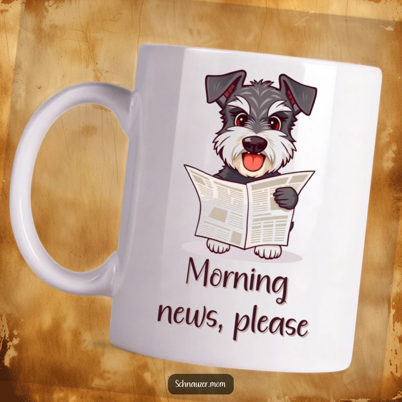 Funny Schnauzer dog happily fetching a small newspaper, looking diligent and eager on a mug.