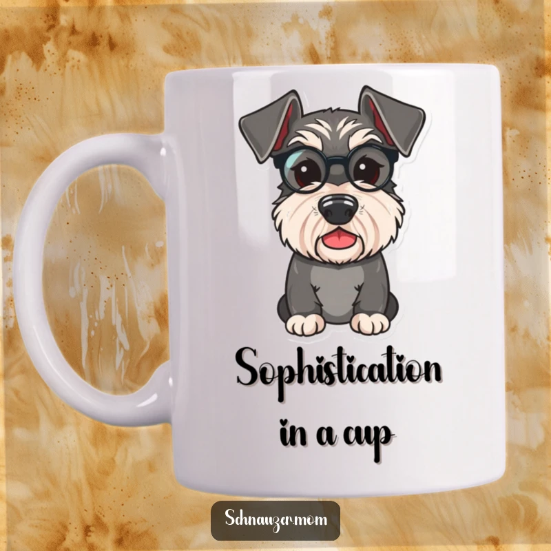 Funny Schnauzer mug showing a cute dog wearing a tiny monocle, exuding distinguished charm with a playful glint in its eye.