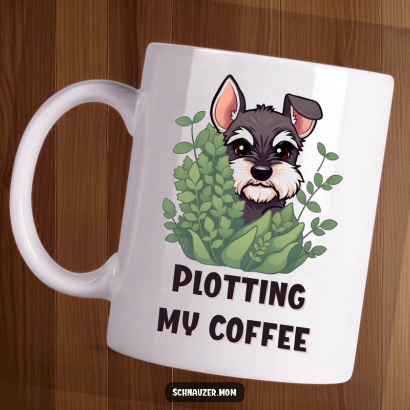 Funny Schnauzer mug featuring a dog peeking out from behind a leafy plant with a sly, mischievous glint in its eye.