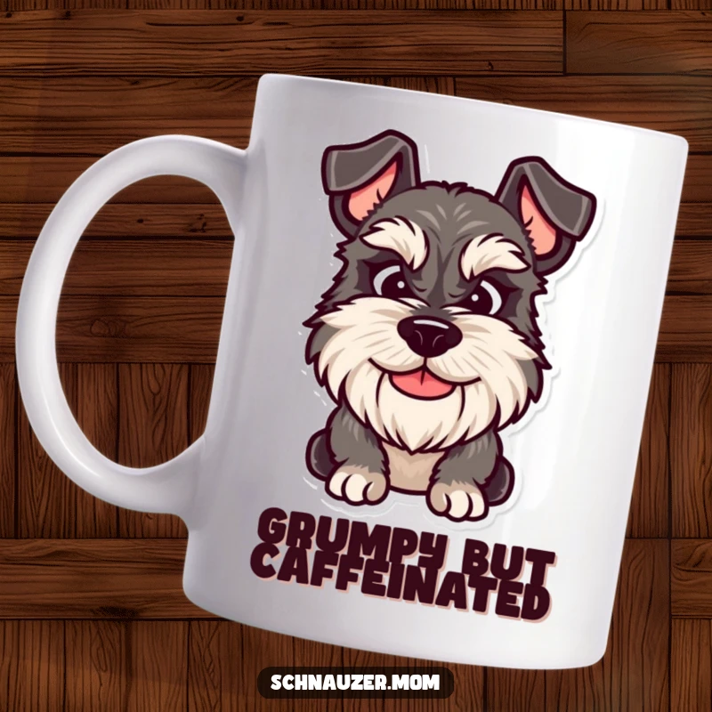 Funny Schnauzer mug featuring a dog with a friendly yet grumpy smile, capturing a unique and humorous canine expression.