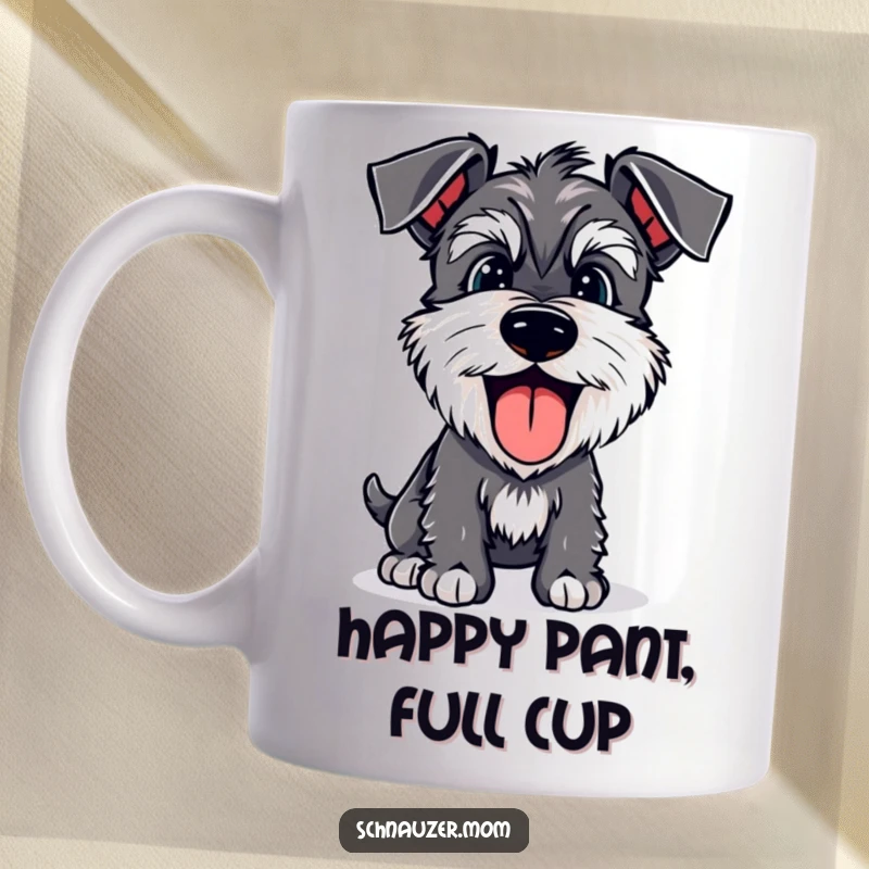 Funny Schnauzer mug featuring a happy dog with its tongue lolling out, panting joyfully with an infectious smile.