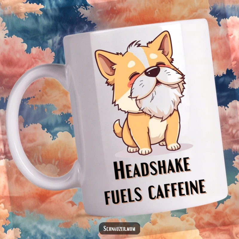 Funny Shaking Dog Mug: A dog vigorously shakes its head, its distinctive beard flying dramatically in all directions.