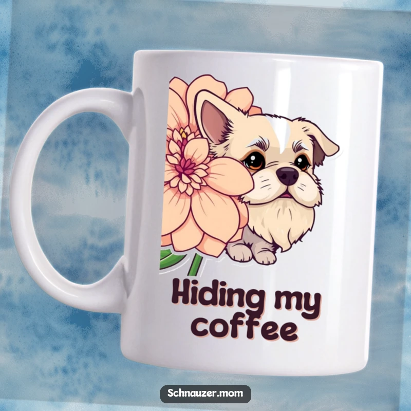Funny dog with a lush beard playfully peeking from behind a large, vibrant flower. Perfect mug design.