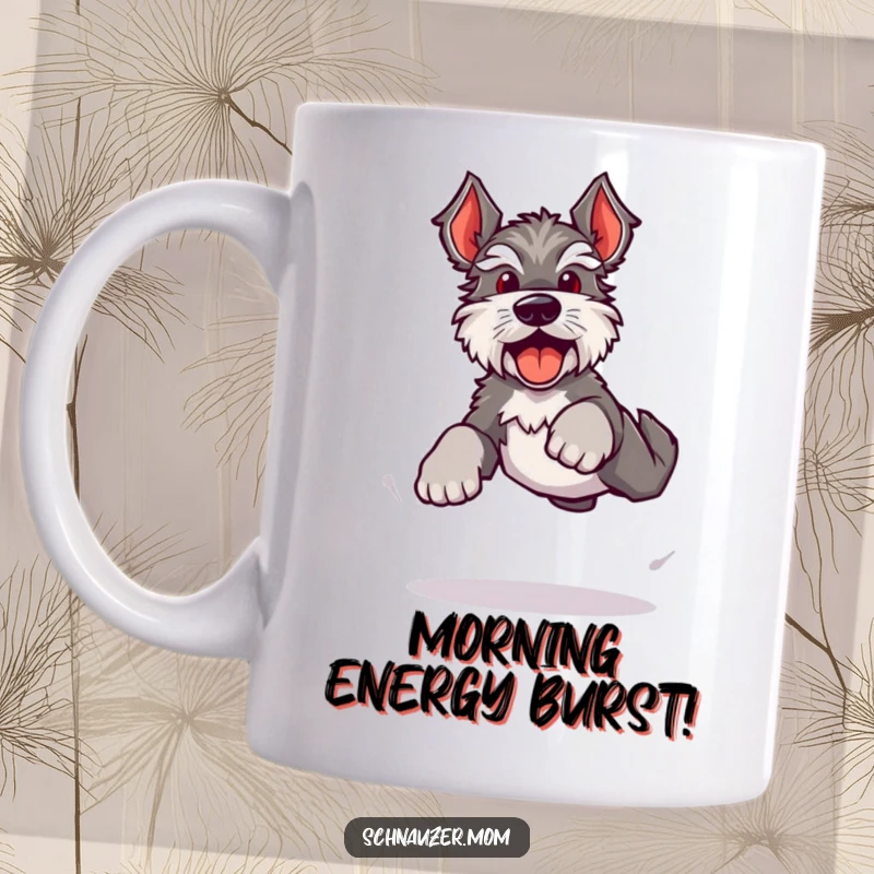 Funny Kawaii Schnauzer mug, dog doing an energetic leap with happy barks, symbolizing pure joy and playful excitement.