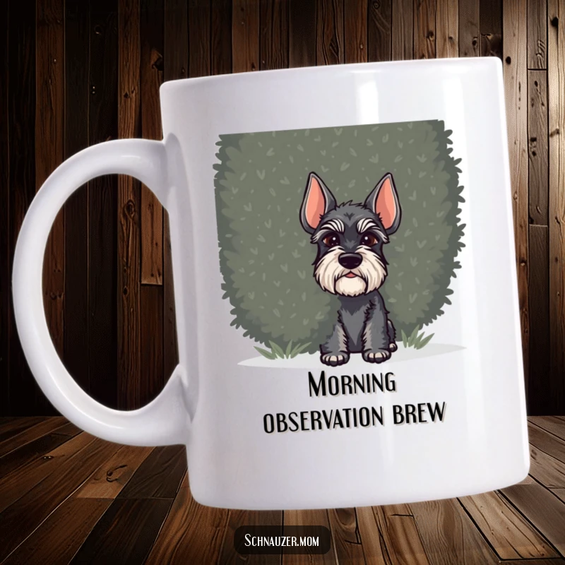 Funny Schnauzer dog mug, peeking mischievously from behind a large, green, bushy shrub, with curious eyes and perky ears.