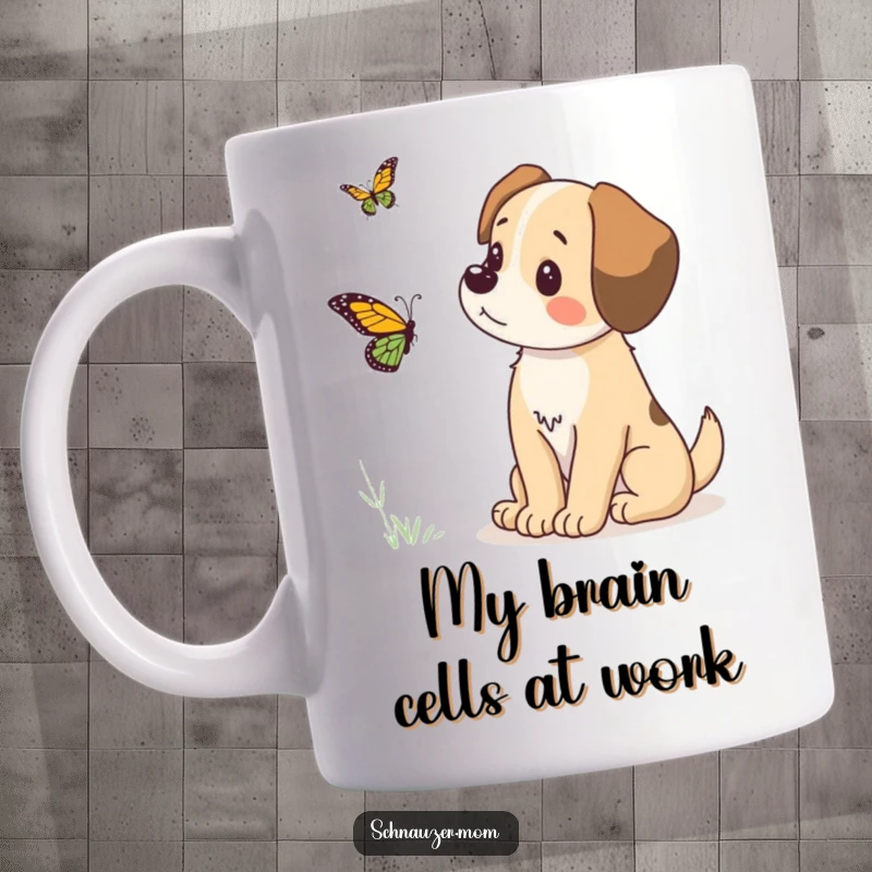 Funny mug featuring a cute dog sitting alertly, eyes fixed on a tiny butterfly fluttering by, a humorous depiction of canine curiosity.