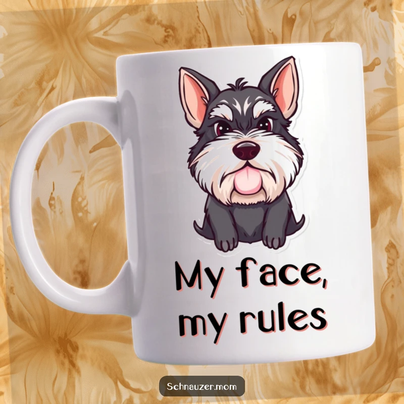 Funny Schnauzer lady mug featuring a proud dog with a distinguished mustache and a determined expression, ready for a morning laugh.
