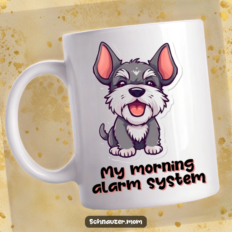 Funny Kawaii Schnauzer mug, ears high, barking playfully, conveying energetic and happy dog vibes, a perfect gift.