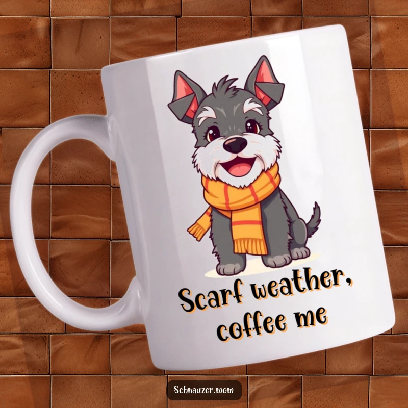 Funny Schnauzer mug featuring a delighted dog character wearing a cute, tiny scarf and sporting a wide, cheerful smile.