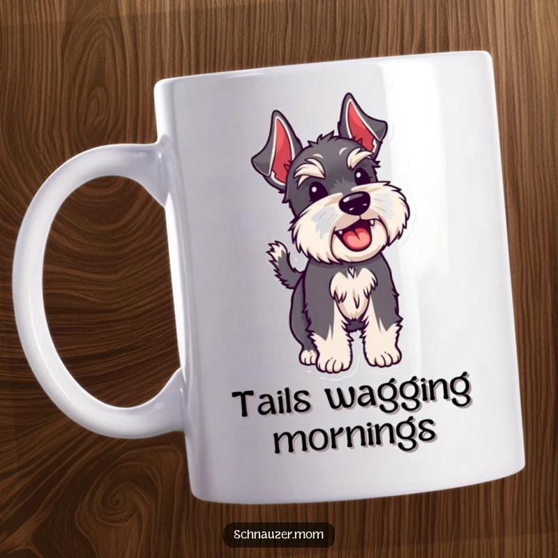 Funny Schnauzer dog joyfully wagging its bristly tail, expressing happiness and excitement on a mug.