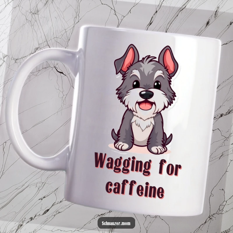 Funny Kawaii Schnauzer mug featuring a dog in a comical pose with a happy, cheerful wag, embodying pure joy.