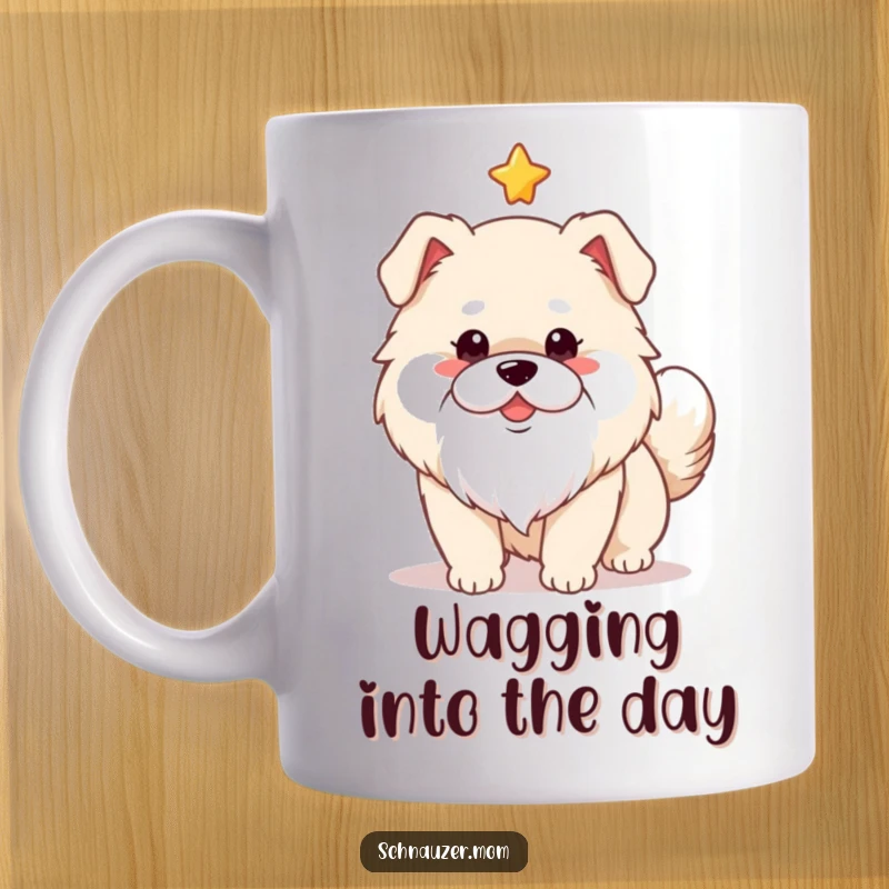 Funny fluffy dog with a white beard wagging its tail enthusiastically under a shining star, perfect for a mug.