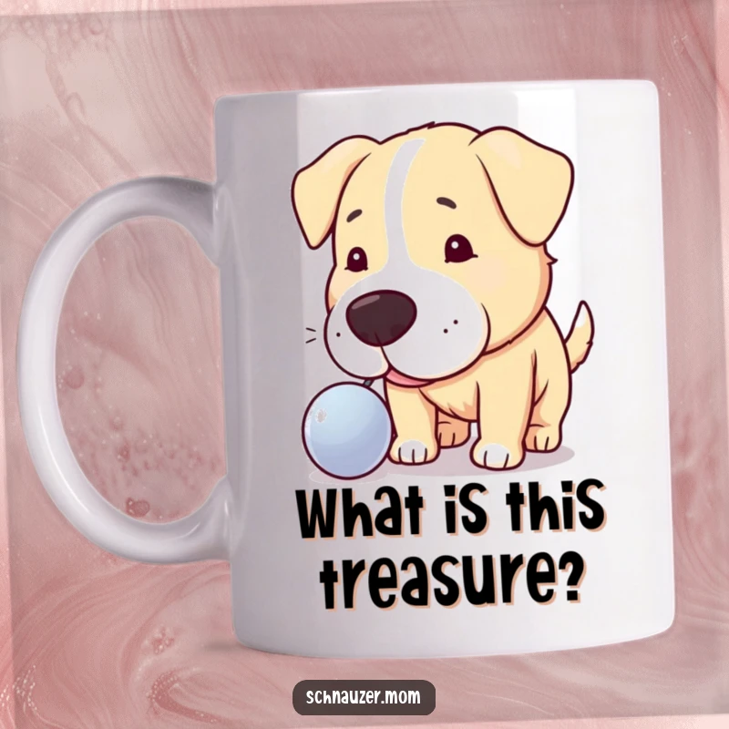 Funny mug showing a curious dog nudging a shiny object with its snout, highlighting exploration.