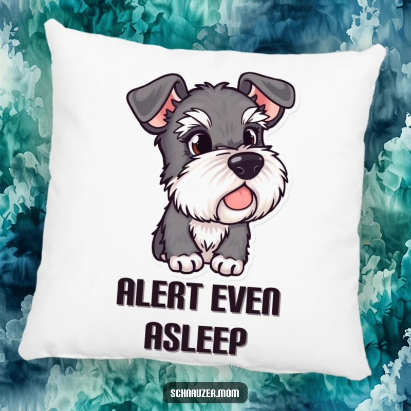 Funny Schnauzer pillow with alert ears, featuring a dog observing its surroundings, providing comfort and watchful decor.