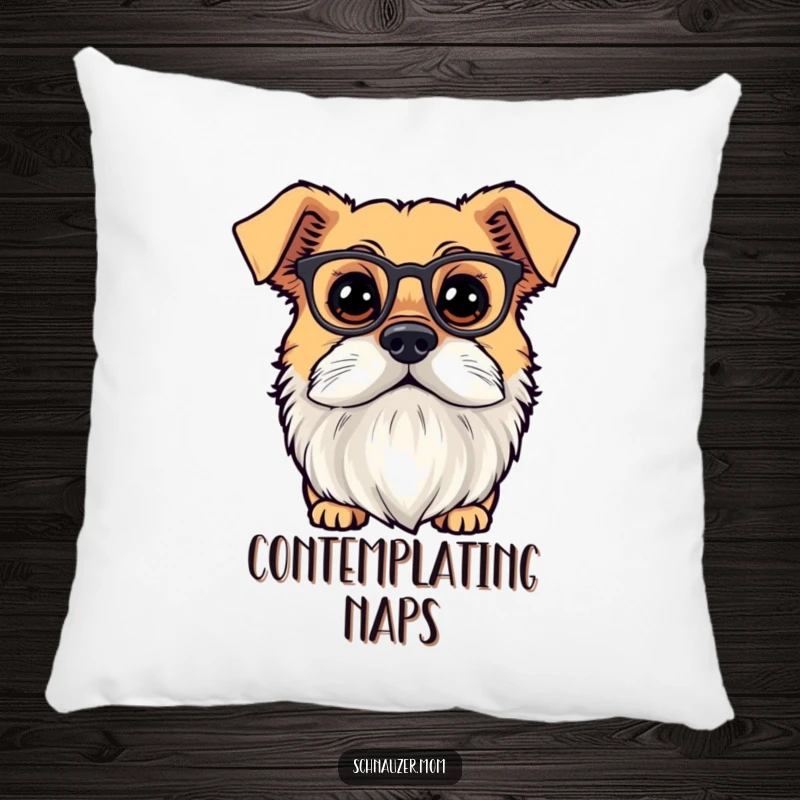 Funny dog with a distinguished beard and tiny spectacles, gazing curiously. Soft pillow.