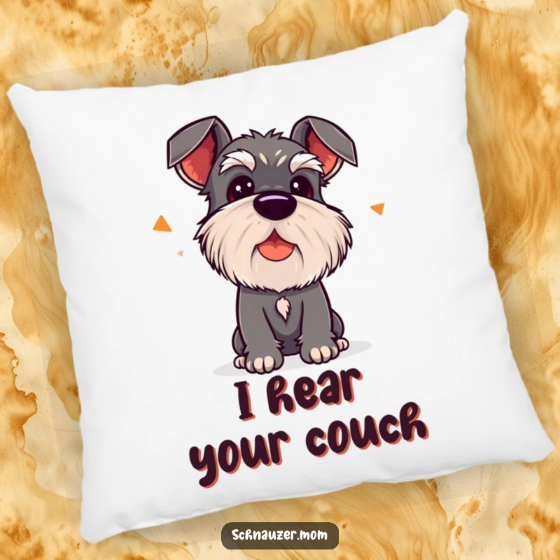 Funny Kawaii Schnauzer Pillow, featuring a dog tilting its head to listen, perfect for relaxation.