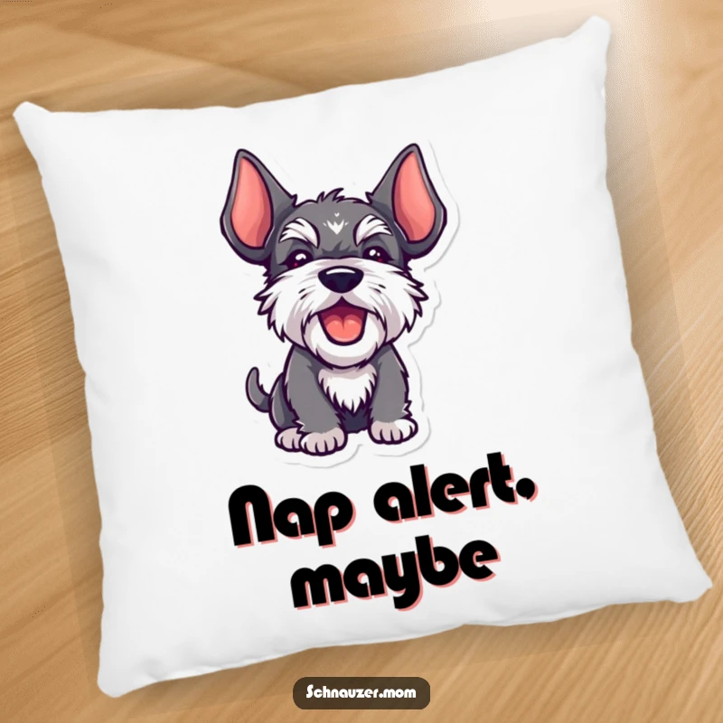 Funny Kawaii Schnauzer pillow, ears high, barking playfully, featuring a cute and happy dog, perfect for snuggle.