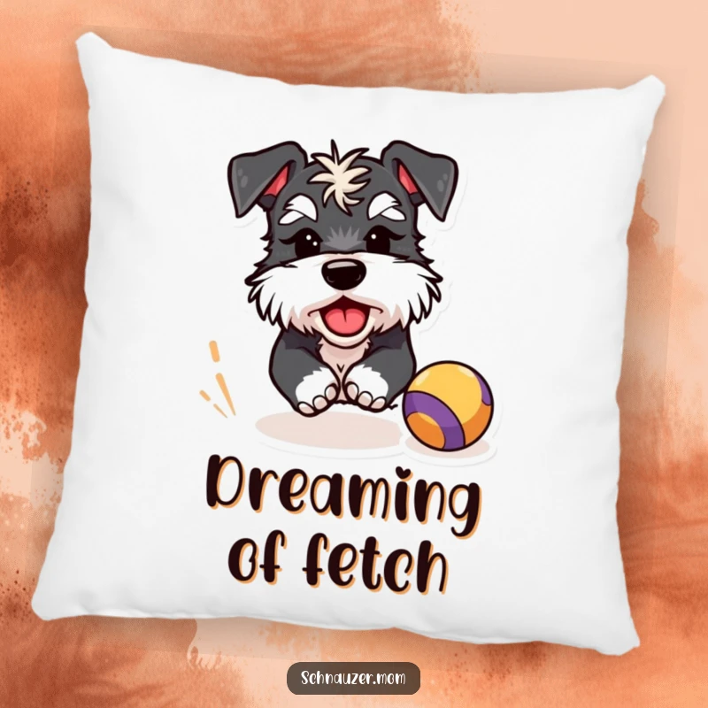 Funny Schnauzer pillow featuring a cute, winking dog character energetically chasing a bouncing ball, perfect for adding humor to any room.